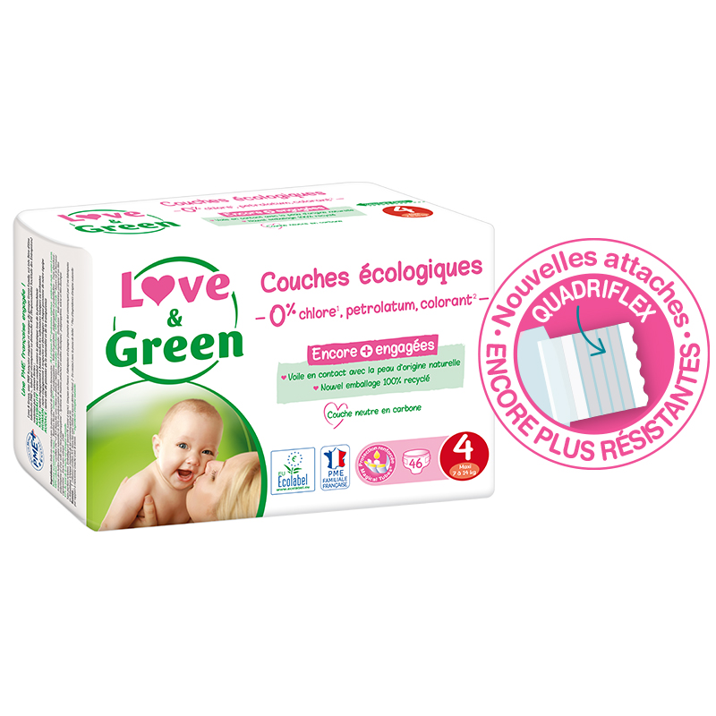 Couches écolabellisées et hypoallergéniques T4 x 46 7à14 kg Love & Green  LOVE AND GREEN CO1084 : Boutique tout pour bébé, magasin de puériculture  pas cher à Paris