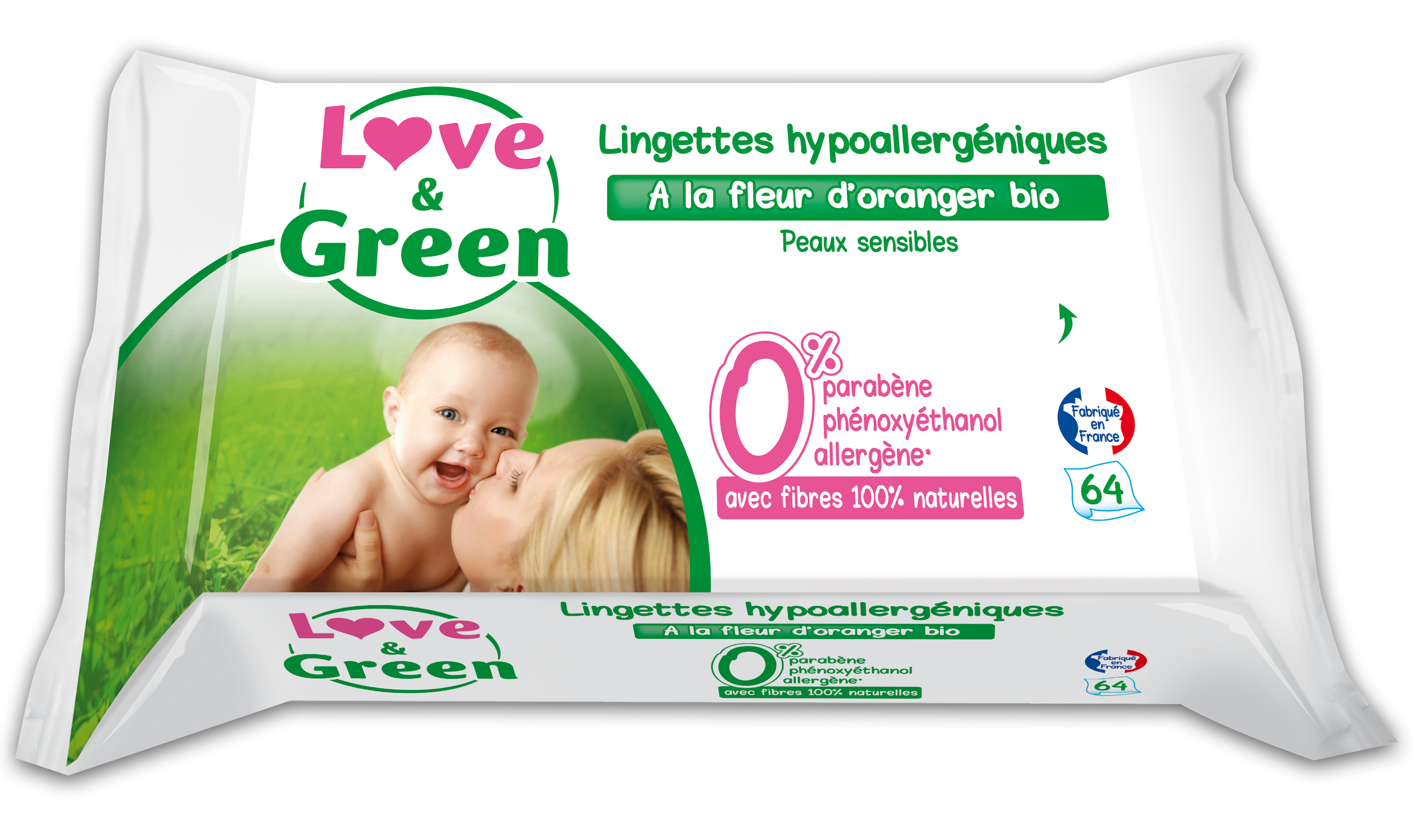 Lingettes hypoallergéniques parfumées x 64 Love & Green LOVE AND GREEN  LI2006 : Boutique tout pour bébé, magasin de puériculture pas cher à Paris