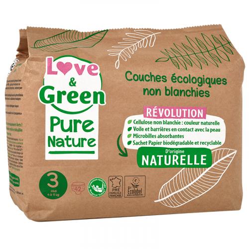 Couches hypoallergéniques Non blanchies Love & Green Pure Nature certifiées Ecolabel T3 x 42 (4 à 9 kilos)