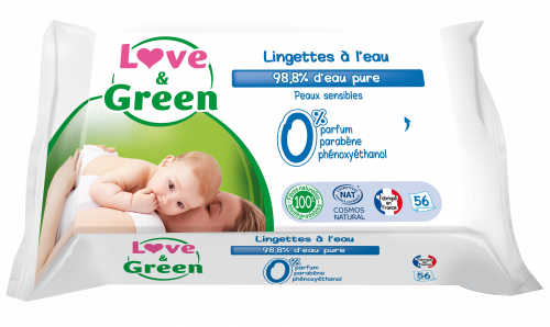 Lingettes certifiées Cosmos Nat & hypoallergéniques à l'eau x 56 Love & Green