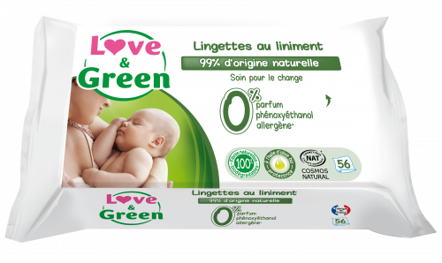 Lingettes certifiées Cosmos Nat & hypoallergéniques au liniment x 56 Love & Green